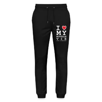 I Love My Nouvelle Vie (texte blanc) - Pantalon de jogging bio MOVER Stanley/Stella unisexe - noir - Devant - Marisol (170cm) & Nik (191cm)