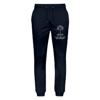 Arbre de paix anti-guerre - Nourrir la vie, pas l’armure - Pantalon de jogging bio MOVER Stanley/Stella unisexe - marine - Devant - Marisol (170cm) & Nik (191cm)