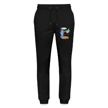 Flach-Erde-Astronauten-Shirt - Stanley/Stella Unisex Bio Jogginghose Mover  - Schwarz - Vorne - Marisol (170cm) & Nik (191cm)