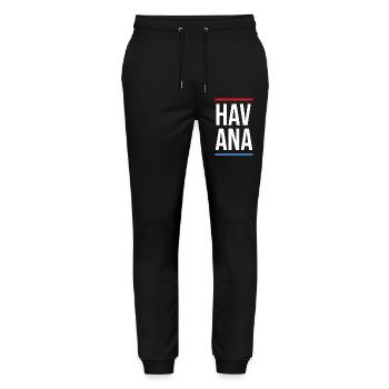 Havana Bold Mono with Red Blue Stripes - Stanley/Stella Mover Unisex Organic Jogging Trousers - black - Front - Marisol (170cm) & Nik (191cm)