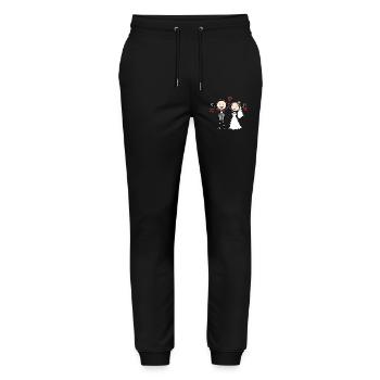 Dessin animé du couple de mariés joyeux - Pantalon de jogging bio MOVER Stanley/Stella unisexe - noir - Devant - Marisol (170cm) & Nik (191cm)