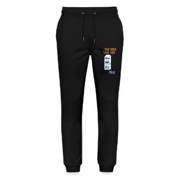 We need Love and Milk Comicstyle 2 - Stanley/Stella Unisex Bio Jogginghose Mover  - Schwarz - Vorne - Marisol (170cm) & Nik (191cm)