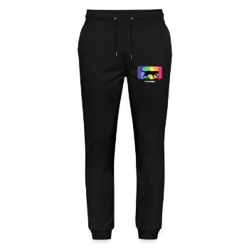 Purride cat silhouette over rainbow stripes - Stanley/Stella Mover Unisex Organic Jogging Trousers - black - Front - Marisol (170cm) & Nik (191cm)