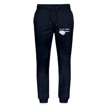 Blague mortelle (anglais) - Pantalon de jogging bio MOVER Stanley/Stella unisexe - marine - Devant - Marisol (170cm) & Nik (191cm)