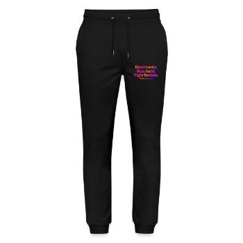 Read Books Run Hard Fight Fascists - NO KINGS - Stanley/Stella Mover Unisex Organic Jogging Trousers - black - Front - Marisol (170cm) & Nik (191cm)