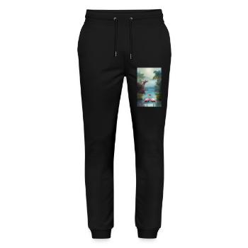 Flamingos in einem See bei Sonnenuntergang mit einem rosa Himmel kühl - Stanley/Stella Unisex Bio Jogginghose Mover  - Schwarz - Vorne - Marisol (170cm) & Nik (191cm)