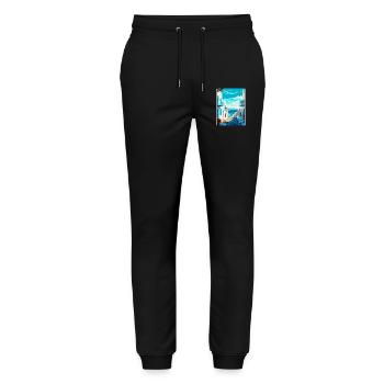 Mykonos Grèce Affiche de voyage vintage Souvenir WPA - Pantalon de jogging bio MOVER Stanley/Stella unisexe - noir - Devant - Marisol (170cm) & Nik (191cm)