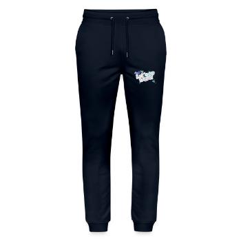 Map with letters: "lets go travel" - Stanley/Stella Mover Unisex Organic Jogging Trousers - navy - Front - Marisol (170cm) & Nik (191cm)