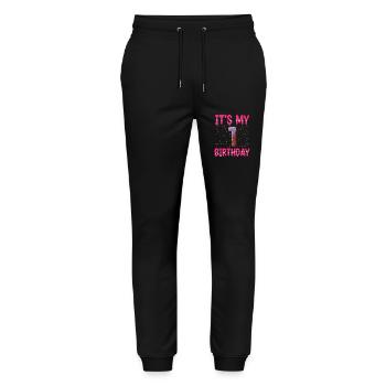 Es Ist Mein 1. Geburtstag | Sprinkles Thema | - Stanley/Stella Unisex Bio Jogginghose Mover  - Schwarz - Vorne - Marisol (170cm) & Nik (191cm)