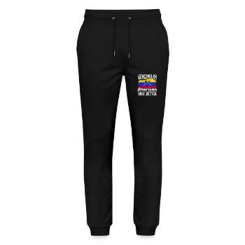 Venezuelan South America Country of origin Latin America - Stanley/Stella Mover Unisex Organic Jogging Trousers - black - Front - Marisol (170cm) & Nik (191cm)