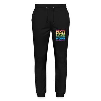 Kindness Peace Equality Rainbow Gay Pride LGBT - Stanley/Stella Mover Unisex Organic Jogging Trousers - black - Front - Marisol (170cm) & Nik (191cm)