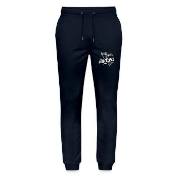 Nom Andrea Custom - Andrea - Pantalon de jogging bio MOVER Stanley/Stella unisexe - marine - Devant - Marisol (170cm) & Nik (191cm)