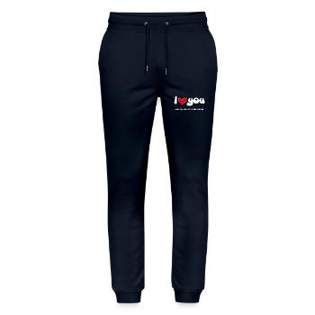 Je t’aime - Citations drôles Couples NOUVEAU 08 - Pantalon de jogging bio MOVER Stanley/Stella unisexe - marine - Devant - Marisol (170cm) & Nik (191cm)