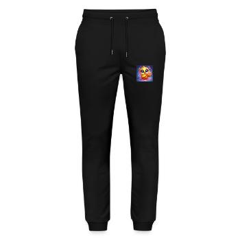 Poussin mignon avec de grands yeux mangeant de la pizza - Pantalon de jogging bio MOVER Stanley/Stella unisexe - noir - Devant - Marisol (170cm) & Nik (191cm)