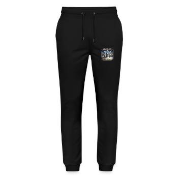 Out of Space - Refugees Welcome Design - Version 4 - Stanley/Stella Unisex Bio Jogginghose Mover  - Schwarz - Vorne - Marisol (170cm) & Nik (191cm)