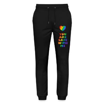 Du bist sicher bei mir Rainbow Heart LGBT Safe Space - Stanley/Stella Unisex Bio Jogginghose Mover  - Schwarz - Vorne - Marisol (170cm) & Nik (191cm)