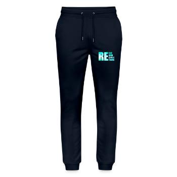 Reuse Renew Recycle Rethink - Stanley/Stella Mover Unisex Organic Jogging Trousers - navy - Front - Marisol (170cm) & Nik (191cm)