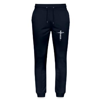 John 3:16 Christian Kreuz Bibel Bibelvers - Stanley/Stella Unisex Bio Jogginghose Mover  - Navy - Vorne - Marisol (170cm) & Nik (191cm)