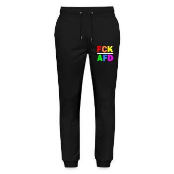 Fck afd - Stanley/Stella Unisex Bio Jogginghose Mover  - Schwarz - Vorne - Marisol (170cm) & Nik (191cm)