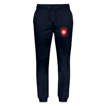 Carouge Switzerland Shield Design - Stanley/Stella Mover Unisex Organic Jogging Trousers - navy - Front - Marisol (170cm) & Nik (191cm)