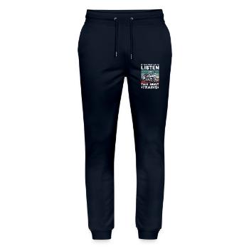 If you want me to listen, talk about trains - Stanley/Stella Mover Unisex Organic Jogging Trousers - navy - Front - Marisol (170cm) & Nik (191cm)