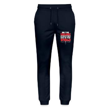 Be the CHANGE - you wish to see in the WORLD - Stanley/Stella Mover Unisex Organic Jogging Trousers - navy - Front - Marisol (170cm) & Nik (191cm)