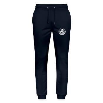 Mountain biker logo with bike on the forest path - Stanley/Stella Mover Unisex Organic Jogging Trousers - navy - Front - Marisol (170cm) & Nik (191cm)
