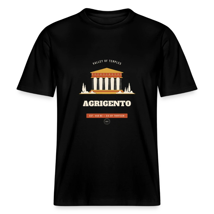 Agrigento badge on a  relaxed fit unisex organic t-shirt, black, front