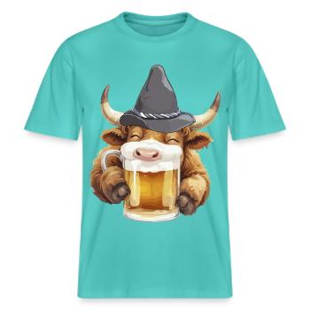 Volksfest Bulle mit Bierglas Bierfest Bierzelt  -  RELAXED FIT Unisex Organic T-Shirt - Poolblau - Vorne - Alina (178cm) & Michal (187cm)