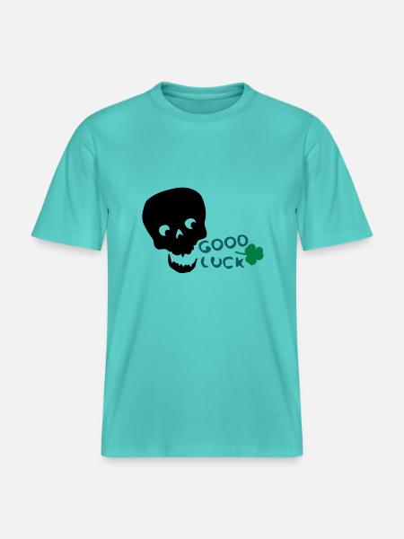 Lycka vitklöver txt & skalle -  Unisex ekologisk T-shirt med avslappnad passform - poolblå