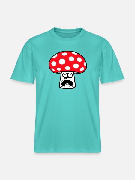 Mushroom frightened, panicking, looking up, - RELAXED FIT Unisex Organic T-Shirt - pool blue