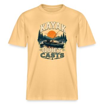 KAYAK QUIET CASTS Fishing -  RELAXED FIT Unisex Organic T-Shirt - washed yellow - Front - Alina (178cm) & Michal (187cm)