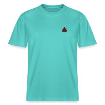 Peanuts Stickmotiv Snoopy Im Roten Puffermantel -  RELAXED FIT Unisex Organic T-Shirt - Poolblau - Vorne - Alina (178cm) & Michal (187cm)