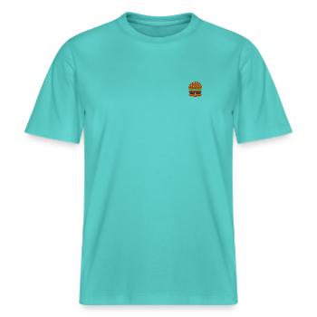 Burger bestickt -  RELAXED FIT Unisex Organic T-Shirt - Poolblau - Vorne - Alina (178cm) & Michal (187cm)