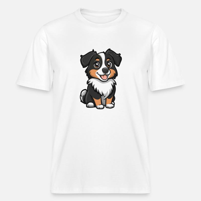 Australian Shepherd Dog Comic Cute -  RELAXED FIT Unisex Organic T-Shirt - white