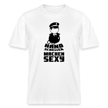 Handschellen sexy Polizei Polizist Geschenk Spruch -  RELAXED FIT Unisex Organic T-Shirt - Weiß - Vorne - Alina (178cm) & Michal (187cm)