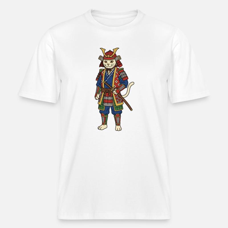Samouraï chat - T-shirt unisexe RELAXED FIT en coton bio - blanc