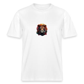 Wunderschönes farbiges Löwen Motiv -  RELAXED FIT Unisex Organic T-Shirt - Weiß - Vorne - Alina (178cm) & Michal (187cm)