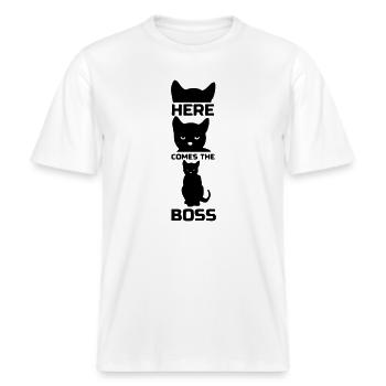 Katzen Katze Chef Tier Haustier Geschenk -  RELAXED FIT Unisex Organic T-Shirt - Weiß - Vorne - Alina (178cm) & Michal (187cm)