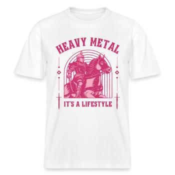 Heavy Metal – Ritter & Pferd Mittelalter-Design -  RELAXED FIT Unisex Organic T-Shirt - Weiß - Vorne - Alina (178cm) & Michal (187cm)