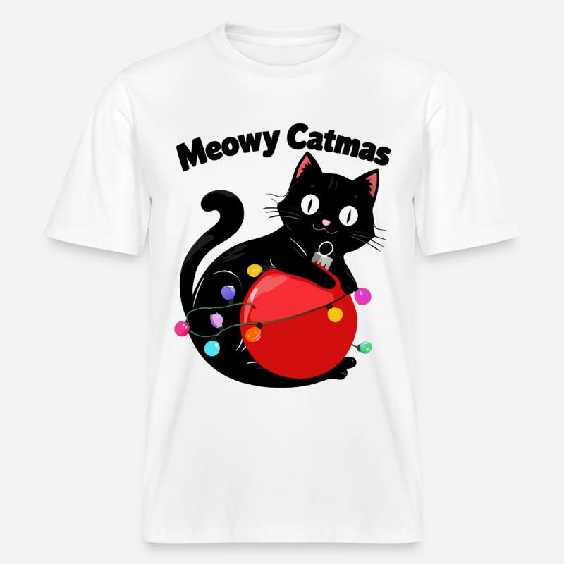 Meowy Catmas - Katze mit Weihnachtskugel - RELAXED FIT Unisex Organic T-Shirt - Weiß
