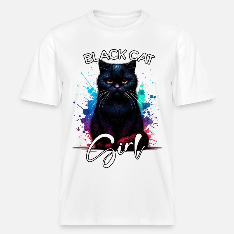 Grumpy Black Cat Mädchen Schwarze Katze - RELAXED FIT Unisex Organic T-Shirt - Weiß