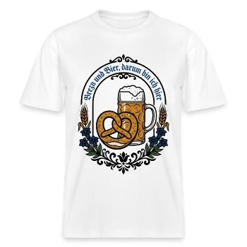 Bayern Bierzelt | Brezn & Bier darum bin ich hier -  RELAXED FIT Unisex Organic T-Shirt - Weiß - Vorne - Alina (178cm) & Michal (187cm)
