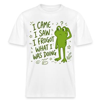 Frosch - I came I saw I frogot what i was doing -  RELAXED FIT Unisex Organic T-Shirt - Weiß - Vorne - Alina (178cm) & Michal (187cm)