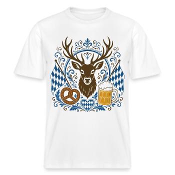 Bayern Volksfest Hirschkopf Bier Brezel bayerisch -  RELAXED FIT Unisex Organic T-Shirt - Weiß - Vorne - Alina (178cm) & Michal (187cm)