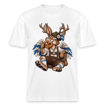 Wolpertinger Lederhose Hase Geweih Trachten Motiv -  RELAXED FIT Unisex Organic T-Shirt - Weiß - Vorne - Alina (178cm) & Michal (187cm)