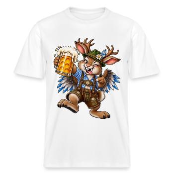 Wolpertinger Bier Masskrug Lederhose Trachten Moti -  RELAXED FIT Unisex Organic T-Shirt - Weiß - Vorne - Alina (178cm) & Michal (187cm)