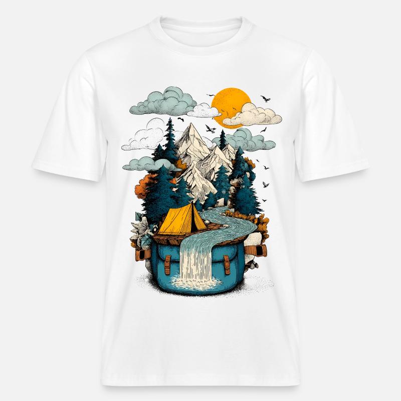Mountain Lake Path - Camping Backpacker Motif - RELAXED FIT Unisex Organic T-Shirt - white
