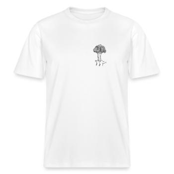 Grumpy Mr Broccoli Cartoon Artwork Chestprint -  RELAXED FIT Unisex Organic T-Shirt - white - Front - Alina (178cm) & Michal (187cm)