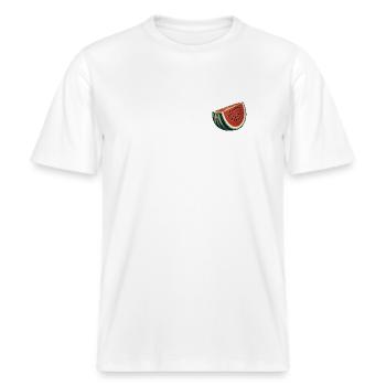 Watermelon Fruit Retro Look Fruit Collection -  RELAXED FIT Unisex Organic T-Shirt - white - Front - Alina (178cm) & Michal (187cm)